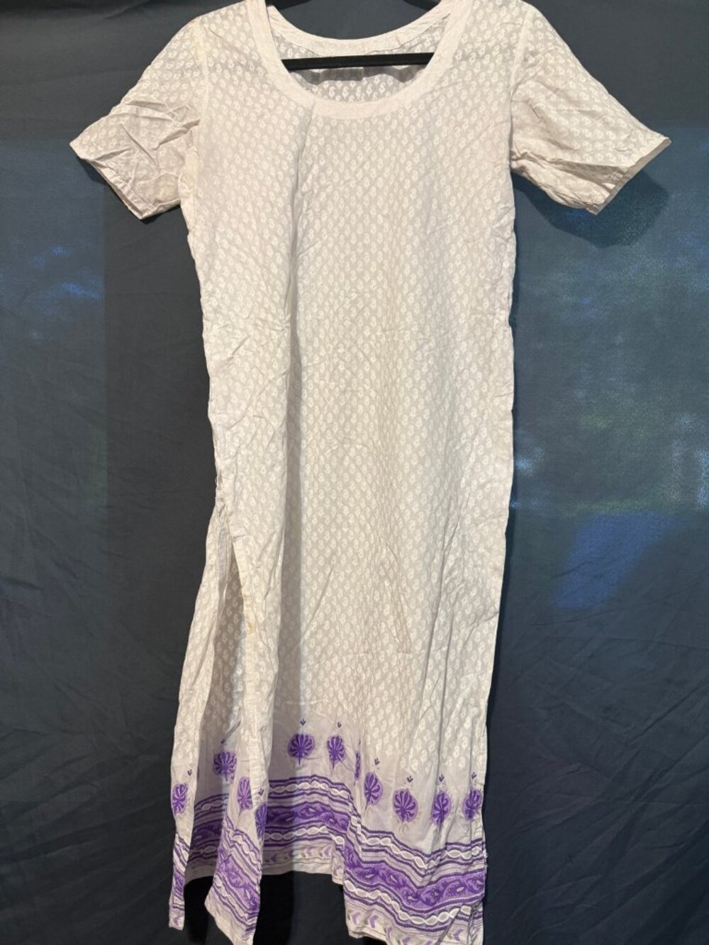 White Purple Print Kurti Tunic Top SM Flawed Tear Stain